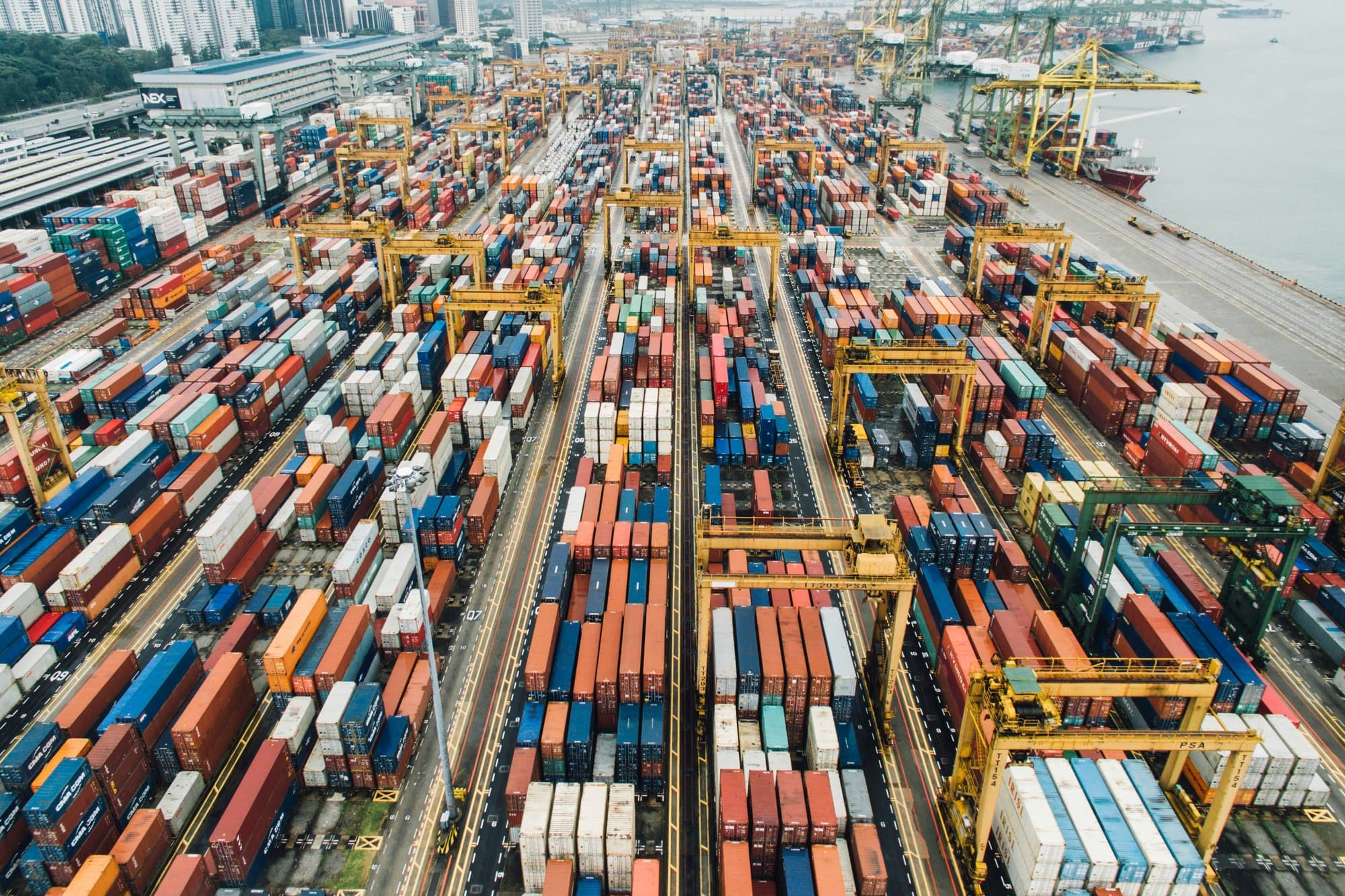 Container terminal with gantry cranes at a shipping port